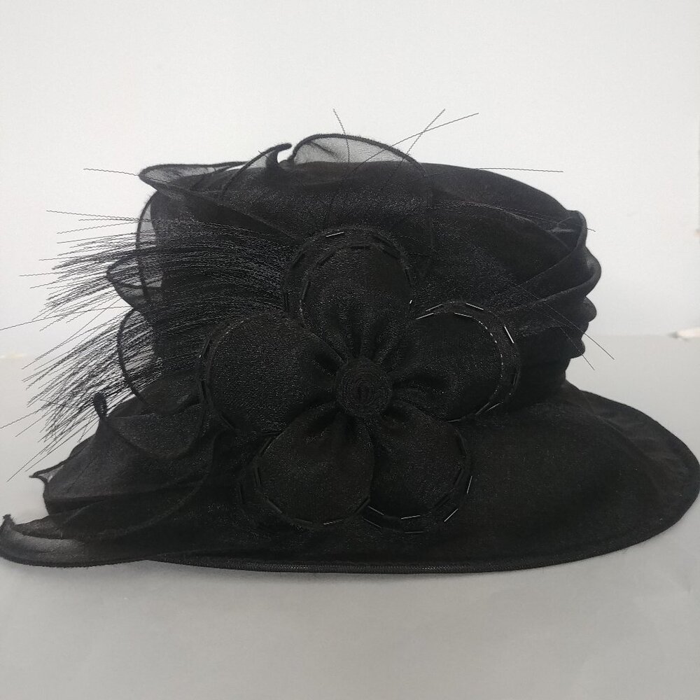 Vintage black sheer hat with brim flower bead feather detail